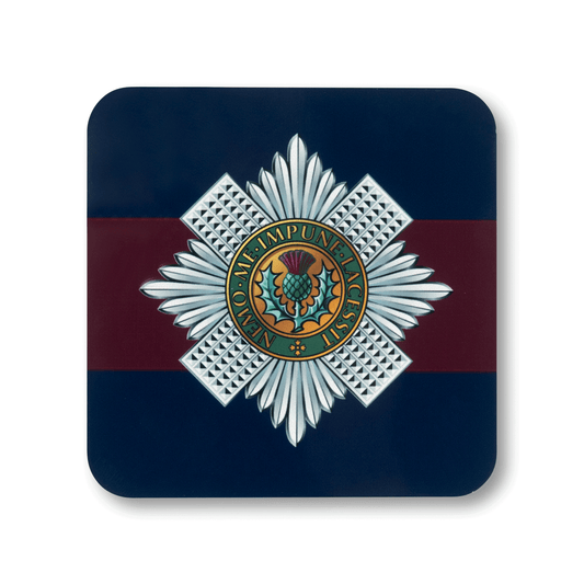 A square coaster with rounded corners featuring the Scots Guards insignia, on a striped navy and maroon background.