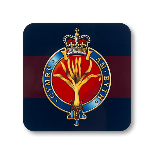 A square coaster with rounded corners featuring the Welsh Guards (Queen’s Crown) insignia, on a striped navy and maroon background.
