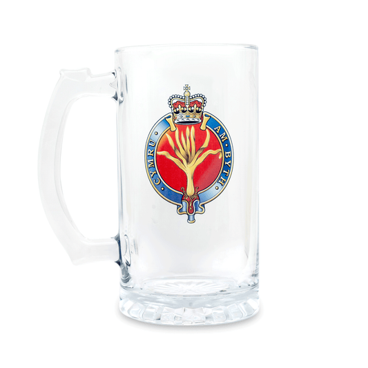A clear glass Tankard, beer mug, featuring a printed Welsh Guards (Queen's Crown) insignia on the front, set against a plain white background.