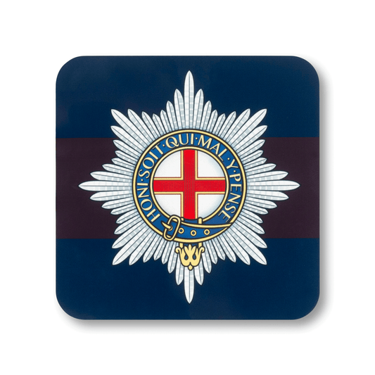 A square coaster with rounded corners featuring the Coldstream Guards insignia, on a striped navy and maroon background.