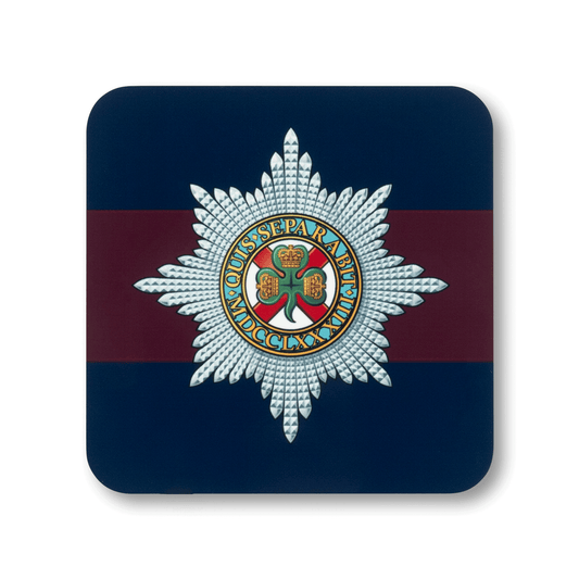 A square coaster with rounded corners featuring the Irish Guards insignia, on a  striped navy and maroon background.