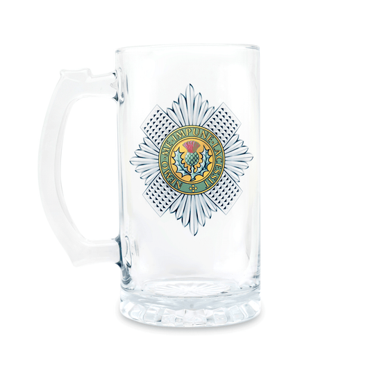 A clear glass Tankard, beer mug, featuring a printed Scots Guards (Queen's Crown) insignia on the front, set against a plain white background.