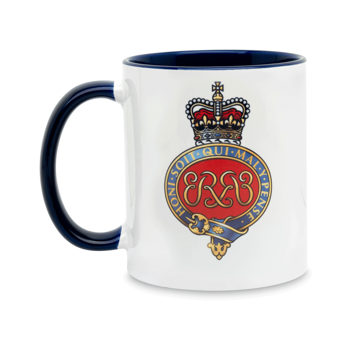 A white ceramic mug with a navy handle and interior, featuring a printed insignia of the Grenadier Guards on the front. Set against a plain white background.