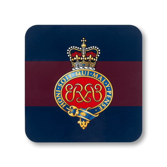 A square coaster with rounded corners featuring the Grenadier Guards (Queen’s Crown) insignia, on a striped navy and maroon background.