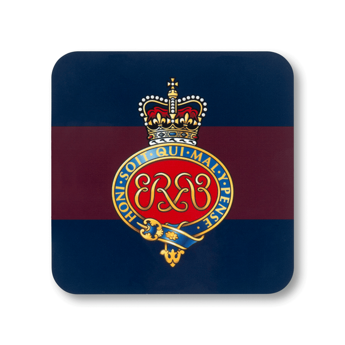 A square coaster with rounded corners featuring the Grenadier Guards (Queen’s Crown) insignia, on a striped navy and maroon background.
