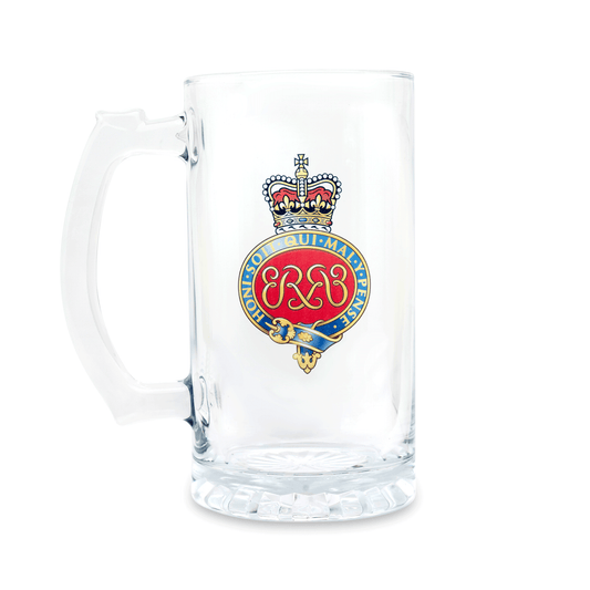 A clear glass Tankard, beer mug, featuring a printed Grenadier Guards (Queen's Crown) insignia on the front, set against a plain white background.