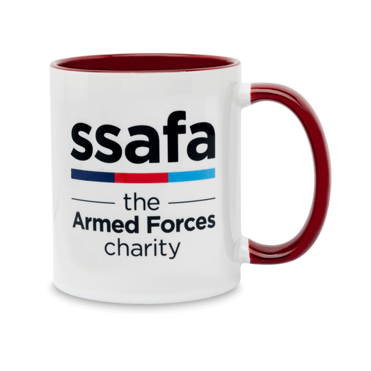 A white ceramic mug with a maroon handle and interior, featuring the 'ssafa the Armed Forces charity' logo. Set against a plain white background.