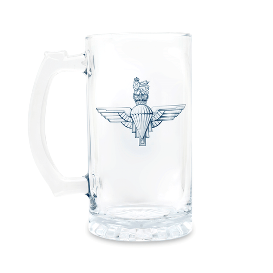 A clear glass Tankard, beer mug, featuring a printed Parachute Regiment (Queen's Crown) insignia on the front, set against a plain white background.