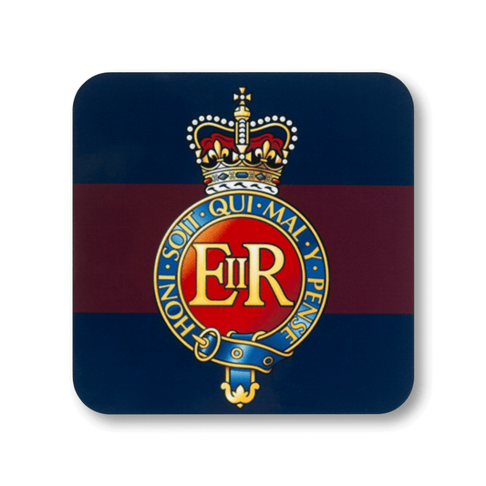 A square coaster with rounded corners featuring the Household Cavalry (Queen’s Crown) insignia, on a striped navy and maroon background.