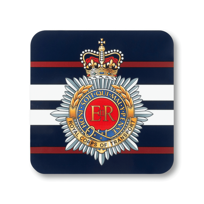 A square coaster with rounded corners featuring the Royal Corps of Transport (Queen’s Crown) insignia, on a striped navy, white and red background.