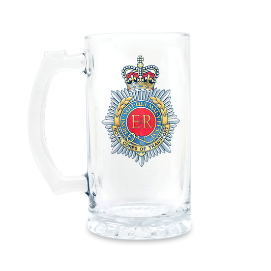 A clear glass Tankard, beer mug, featuring a printed Royal Corps of Transport (Queen's Crown) insignia on the front, set against a plain white background.