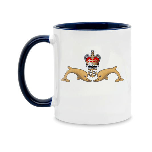 A white ceramic mug with a navy handle and interior, featuring a printed insignia of the Submarine Service on the front. Set against a plain white background.