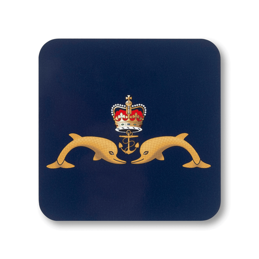 A square coaster with rounded corners featuring the Submarine Service (Queen’s Crown) insignia, on a navy background.