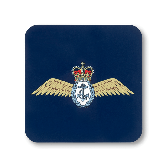 A square coaster with rounded corners featuring the Fleet Air Arm (Queen’s Crown) insignia, on a navy background.
