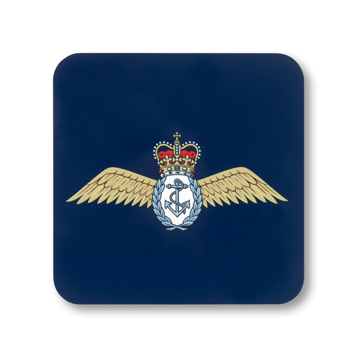 A square coaster with rounded corners featuring the Fleet Air Arm (Queen’s Crown) insignia, on a navy background.
