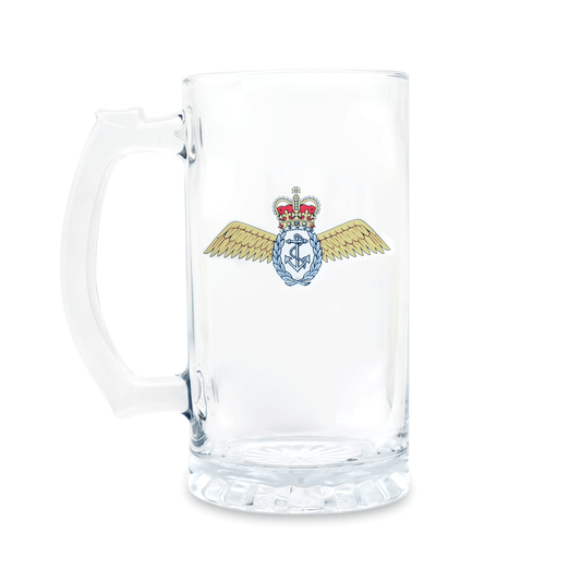 A clear glass Tankard, beer mug, featuring a printed Fleet Air Arm (Queen's Crown) insignia on the front, set against a plain white background.