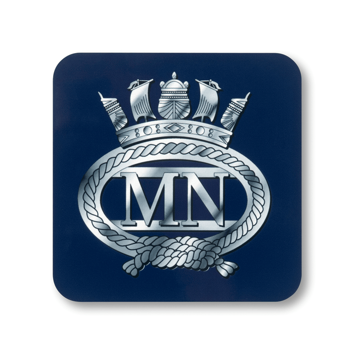 A square coaster with rounded corners featuring the Merchant Navy insignia, , on a navy background