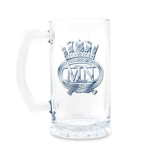 A clear beer glass, stein, tankard with large handle and the insignia of the Merchant Navy, shown on a white background.