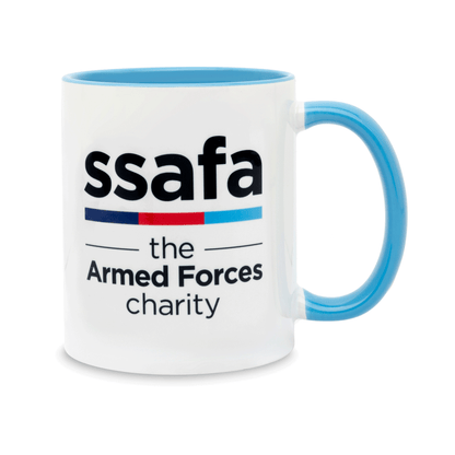 A white ceramic mug with a blue handle and interior, featuring the 'ssafa the Armed Forces charity' logo. Set against a plain white background.