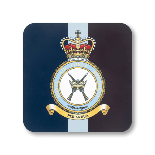 A square coaster with rounded corners featuring the RAF Regiment (Queen’s Crown) insignia, on a striped navy, light blue and maroon background.
