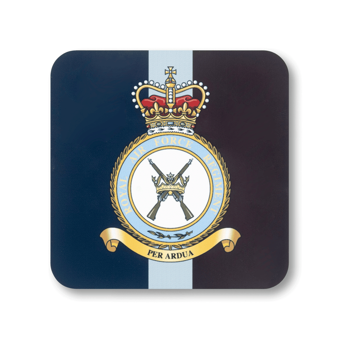 A square coaster with rounded corners featuring the RAF Regiment (Queen’s Crown) insignia, on a striped navy, light blue and maroon background.