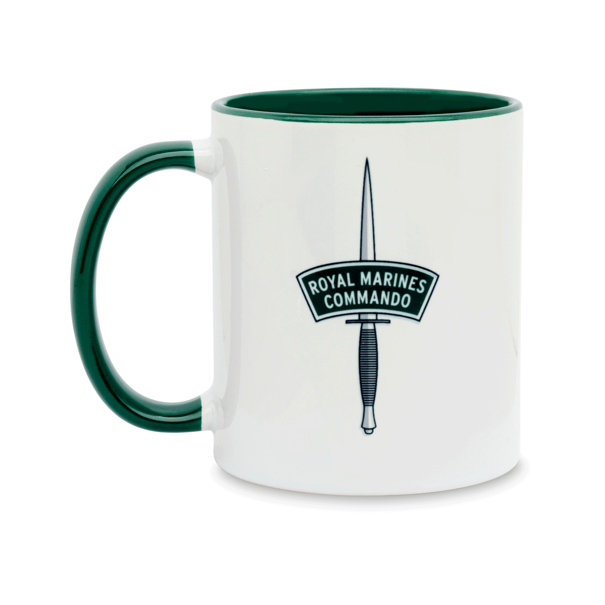 A white ceramic mug with a dark green handle and interior, featuring a printed insignia of the Royal Marines Commando on the front. Set against a plain white background.