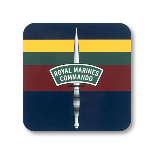 A square coaster with rounded corners featuring the Royal Marines Commando insignia. Coaster has navy, red, green and yellow stripes behind the insignia.