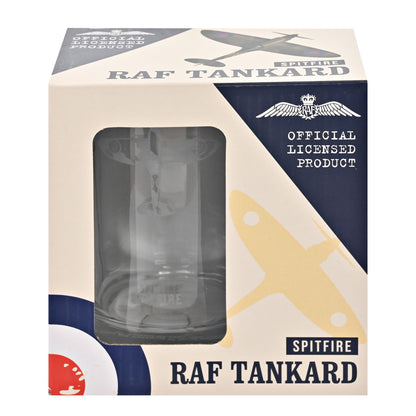 Official licensed product packaging for a Spitfire RAF Tankard, showing a clear glass tankard visible through a window cutout on a cream, navy, and yellow box.