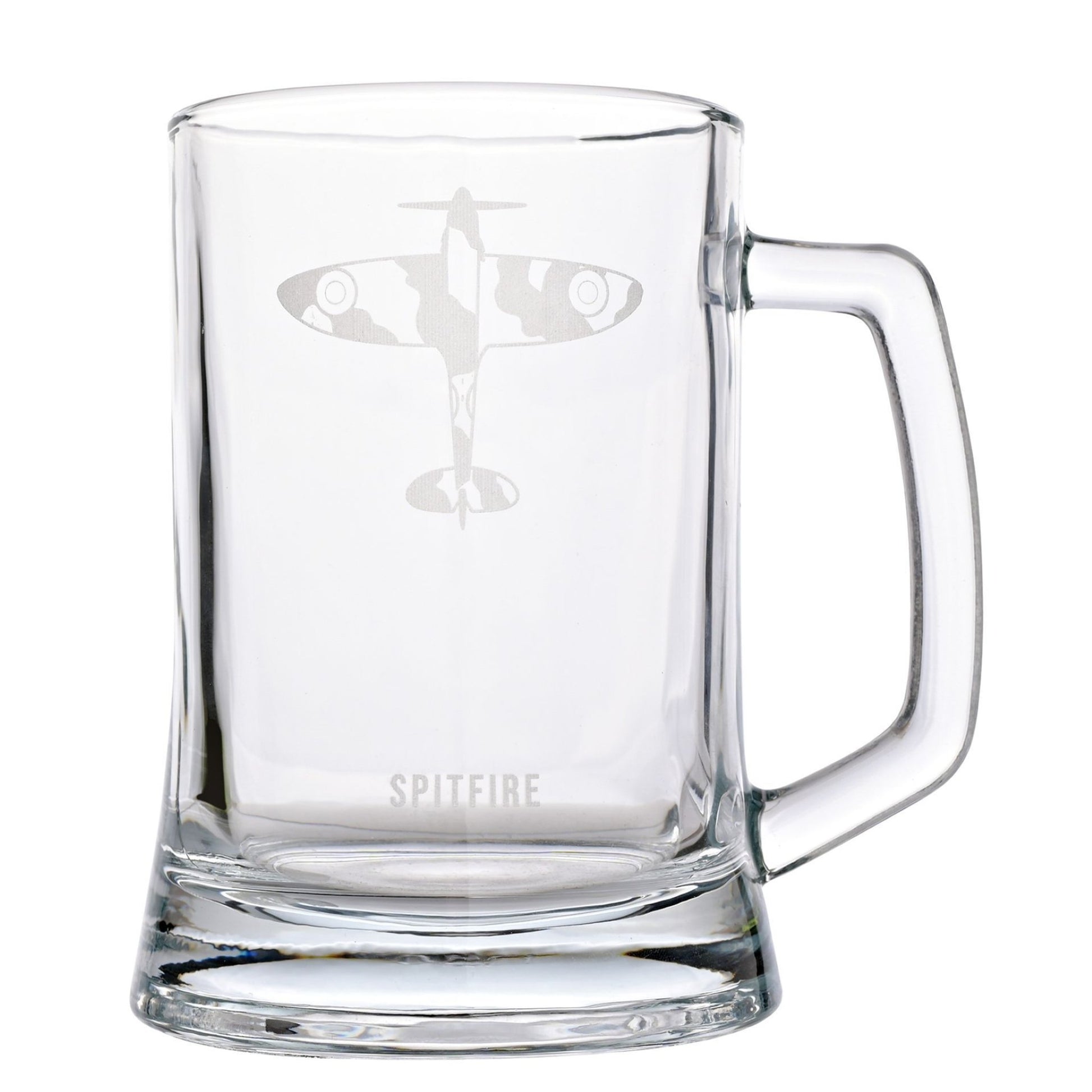 Clear glass mug with 'Spitfire' branding and airplane design on a white background