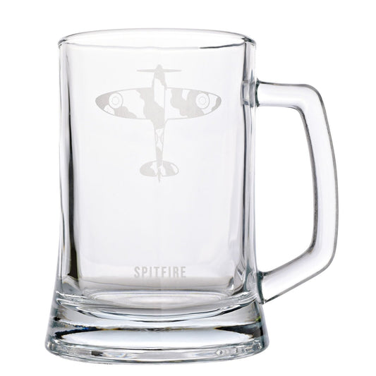 Clear glass mug with 'Spitfire' branding and airplane design on a white background