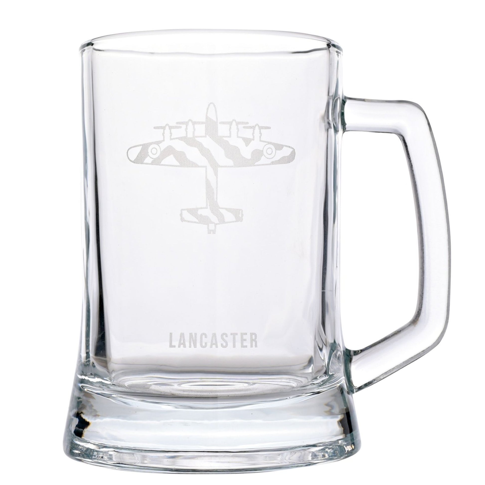 A clear glass beer mug with a handle, featuring an etched camouflaged bomber airplane design and the word 'LANCASTER' near the bottom, shown on a white background.