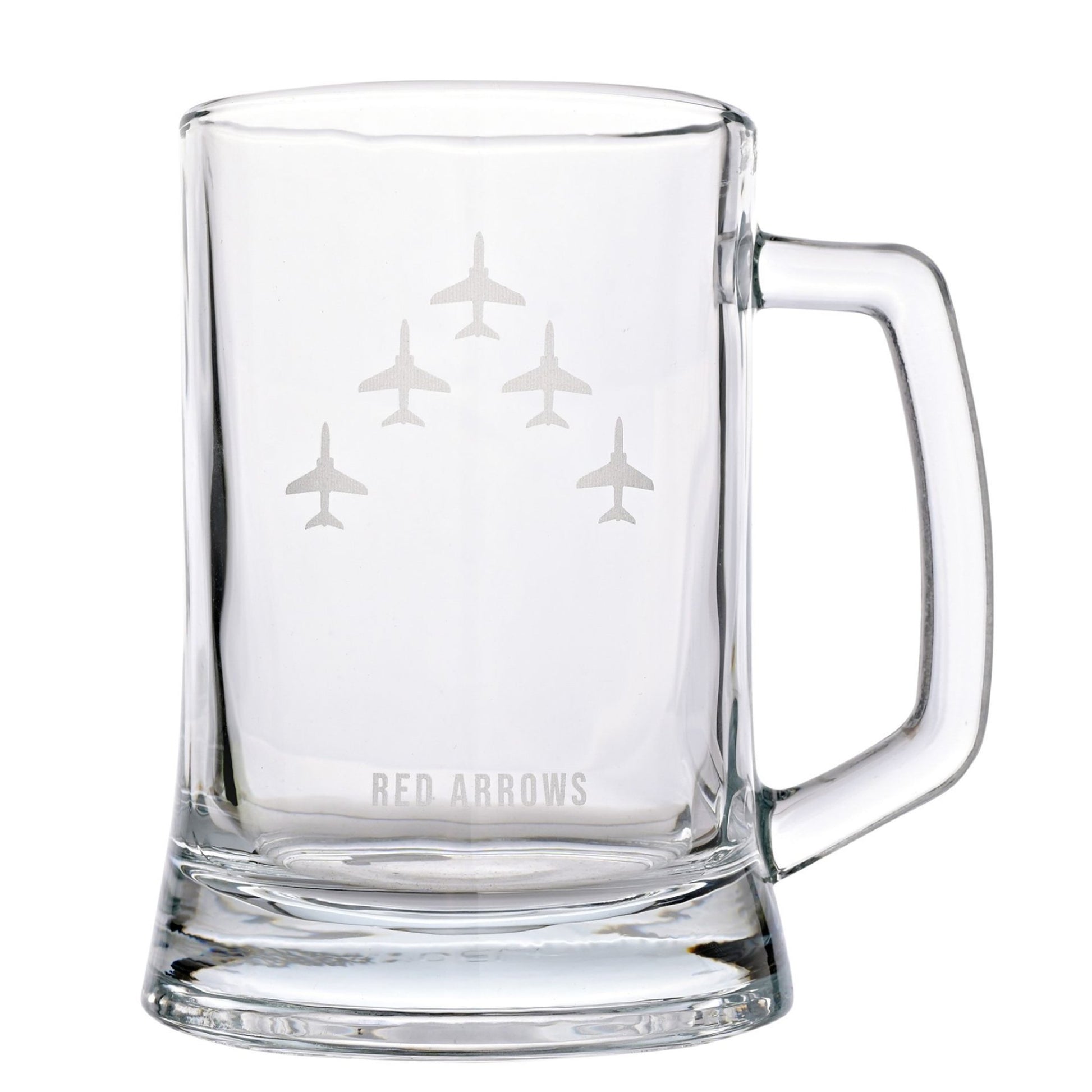 Clear glass mug with etched airplane design and 'Red Arrows' text on a white background