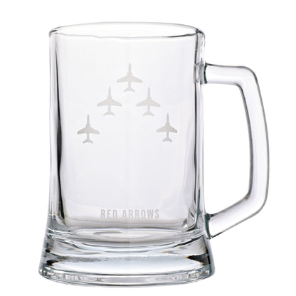 Clear glass mug with etched airplane design and 'Red Arrows' text on a white background