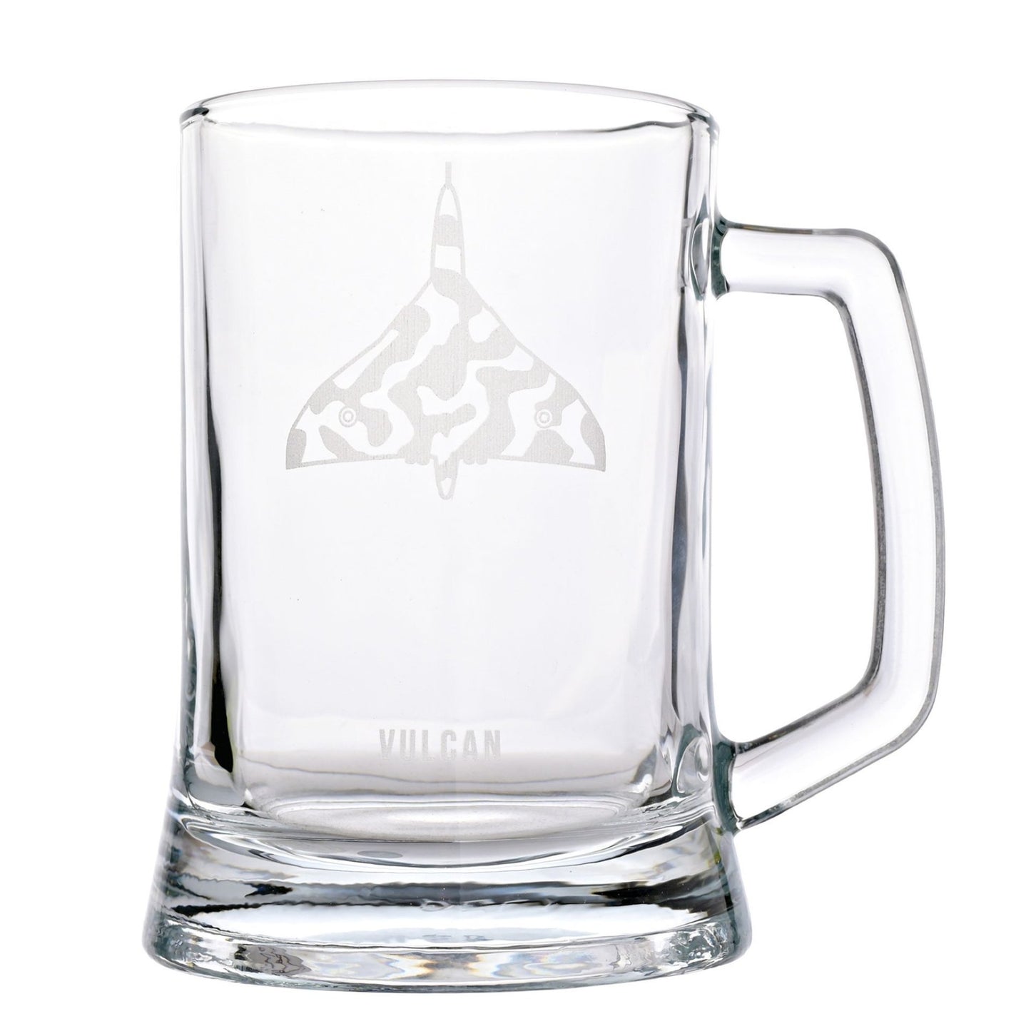 A clear glass beer mug with a handle, featuring an etched gray delta-shaped logo with a camouflage pattern and the word 'VULCAN' near the base, shown on a white background.