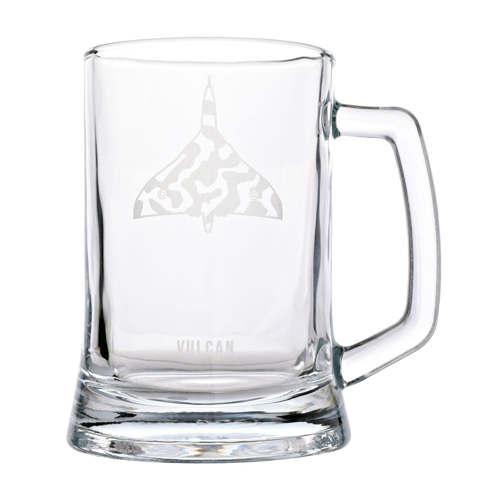 A clear glass beer mug with a handle, featuring an etched gray delta-shaped logo with a camouflage pattern and the word 'VULCAN' near the base, shown on a white background.