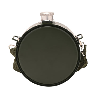 Round green flask with metal cap on a white background