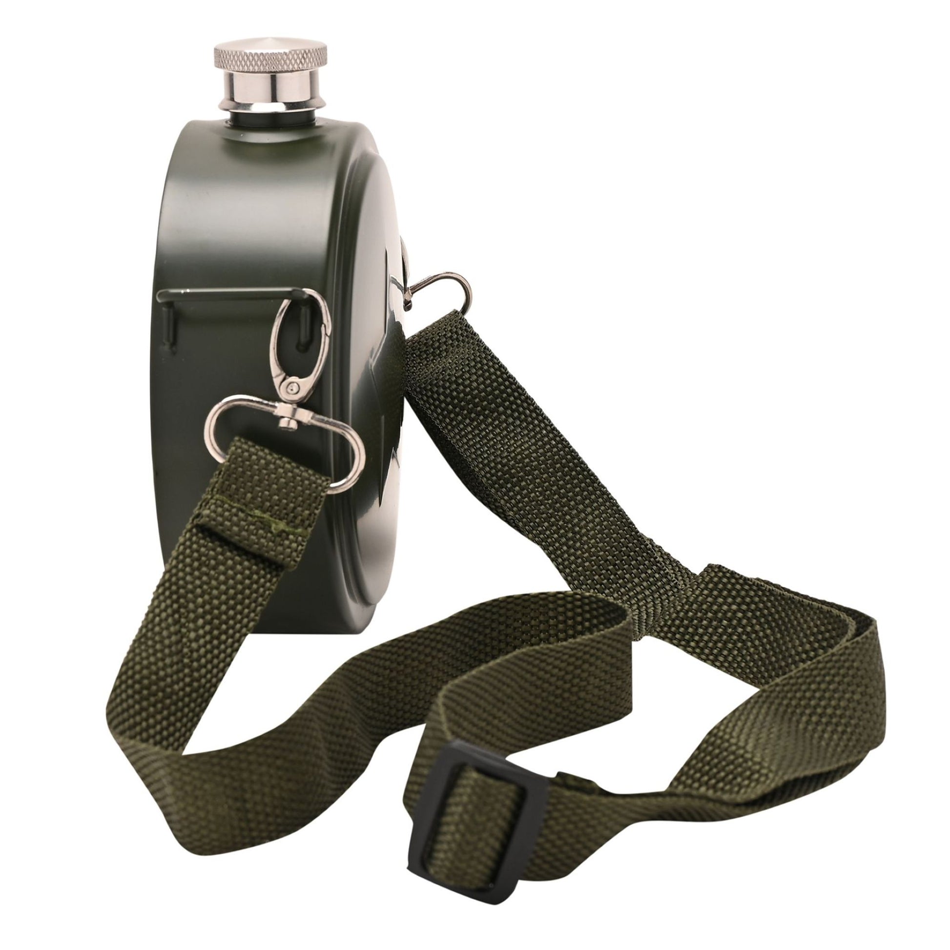 Black flask with green strap on a white background
