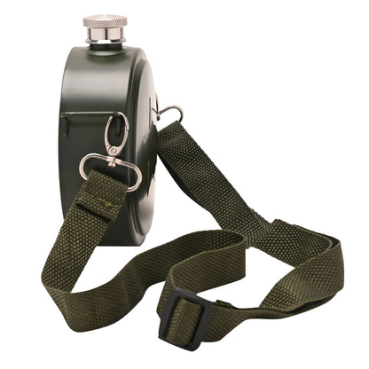 Black flask with green strap on a white background