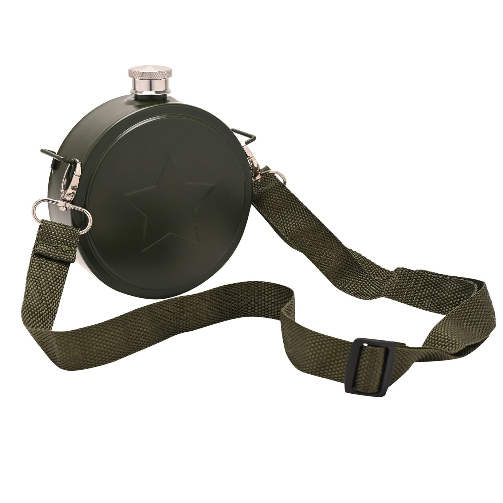 Green metal canteen with a strap on a white background