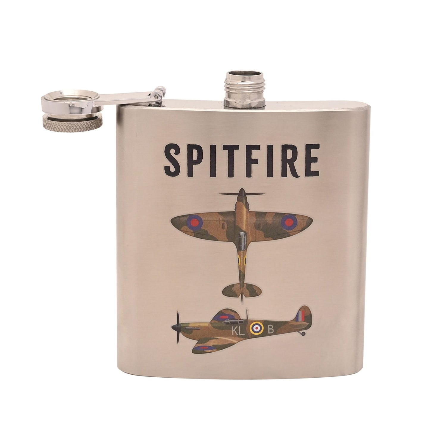 A silver metal flask with a hinged silver lid, featuring a printed design of two vintage Spitfire fighter planes and the word 'SPITFIRE' in bold black letters.