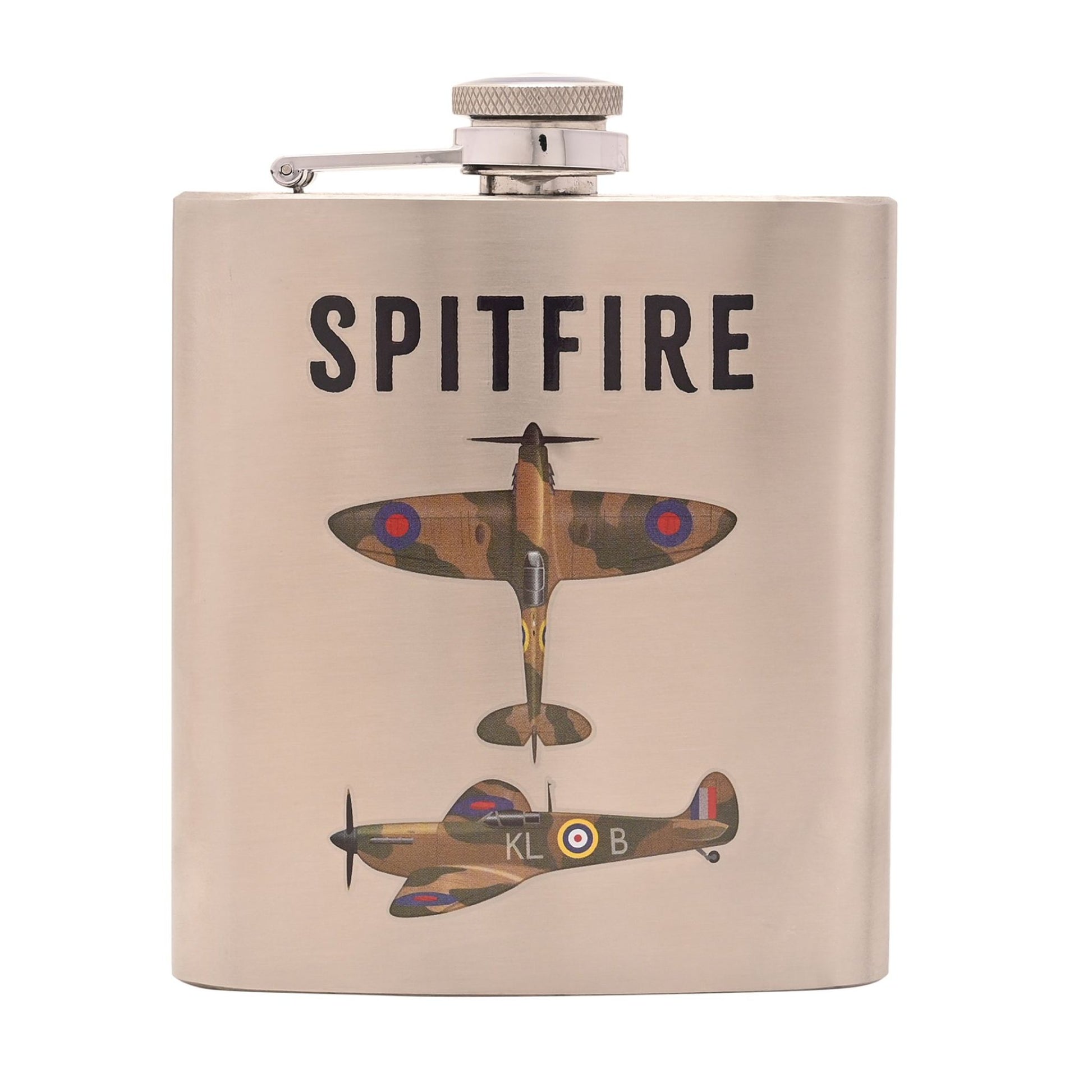Flask with 'SPITFIRE' text and vintage airplane design on a beige background