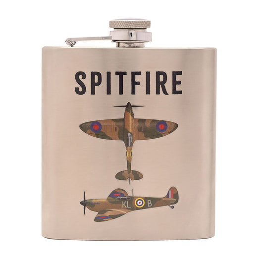 Flask with 'SPITFIRE' text and vintage airplane design on a beige background