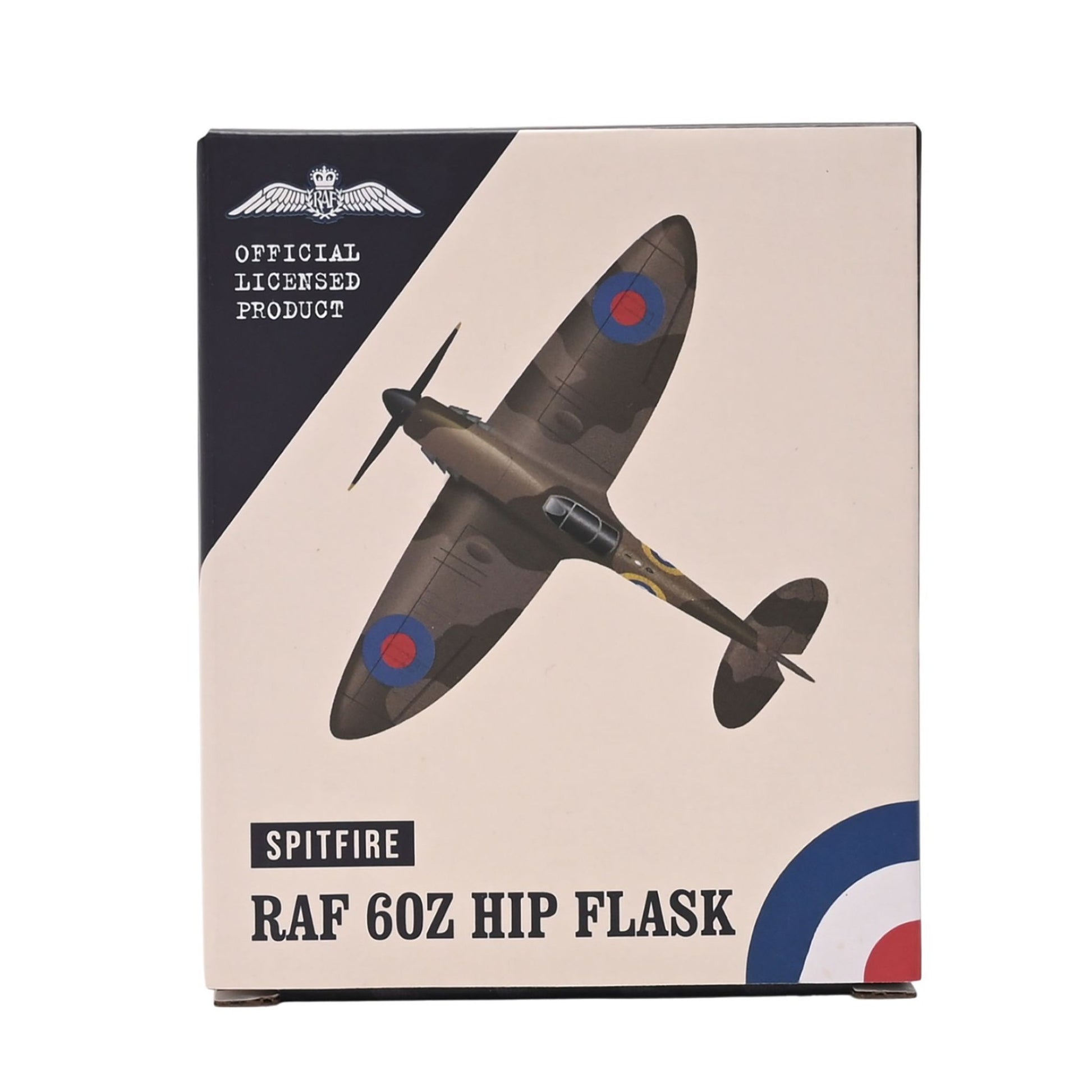 Official licensed product box for a Spitfire RAF 6oz Hip Flask, featuring a vintage fighter plane illustration and the Spitfire name on a cream and navy background.