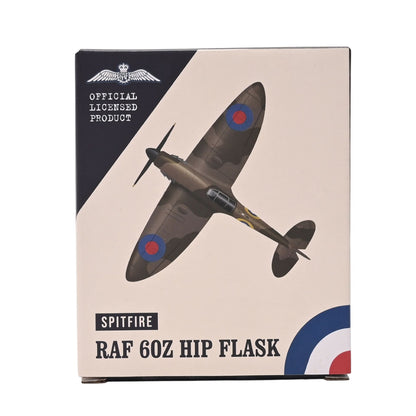 Official licensed product box for a Spitfire RAF 6oz Hip Flask, featuring a vintage fighter plane illustration and the Spitfire name on a cream and navy background.
