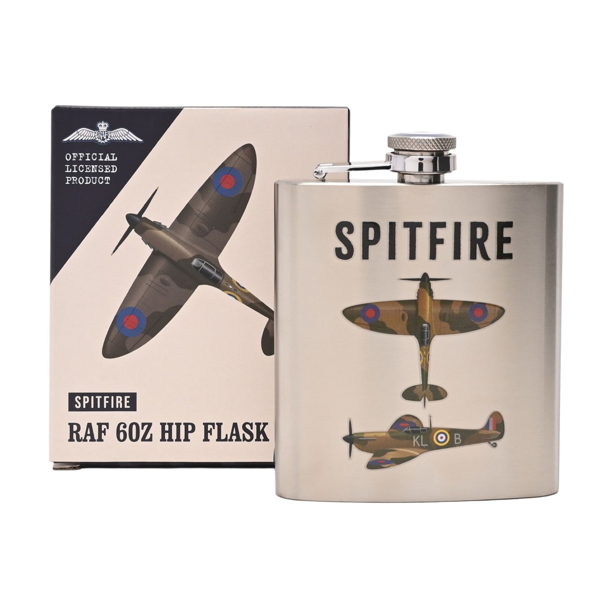 Spitfire RAF 60z hip flask with packaging on a white background