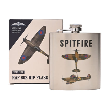 Spitfire RAF 60z hip flask with packaging on a white background