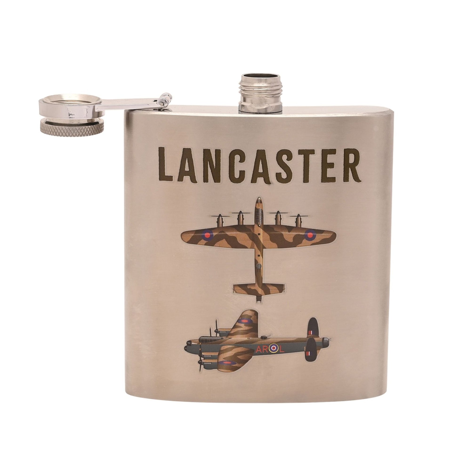 Stainless steel flask with 'Lancaster' text and airplane design on a white background