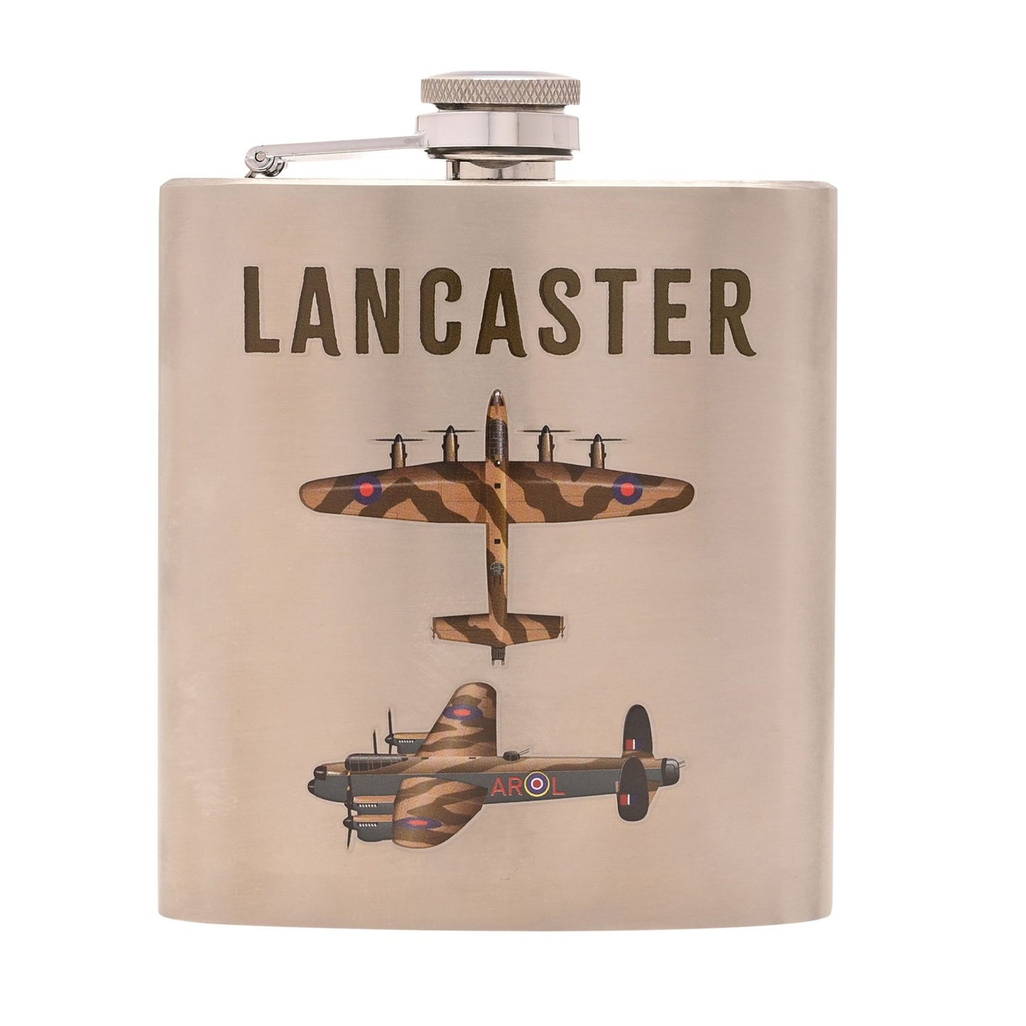 Flask with 'LANCASTER' text and airplane design on a beige background