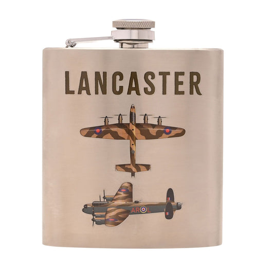 Flask with 'LANCASTER' text and airplane design on a beige background
