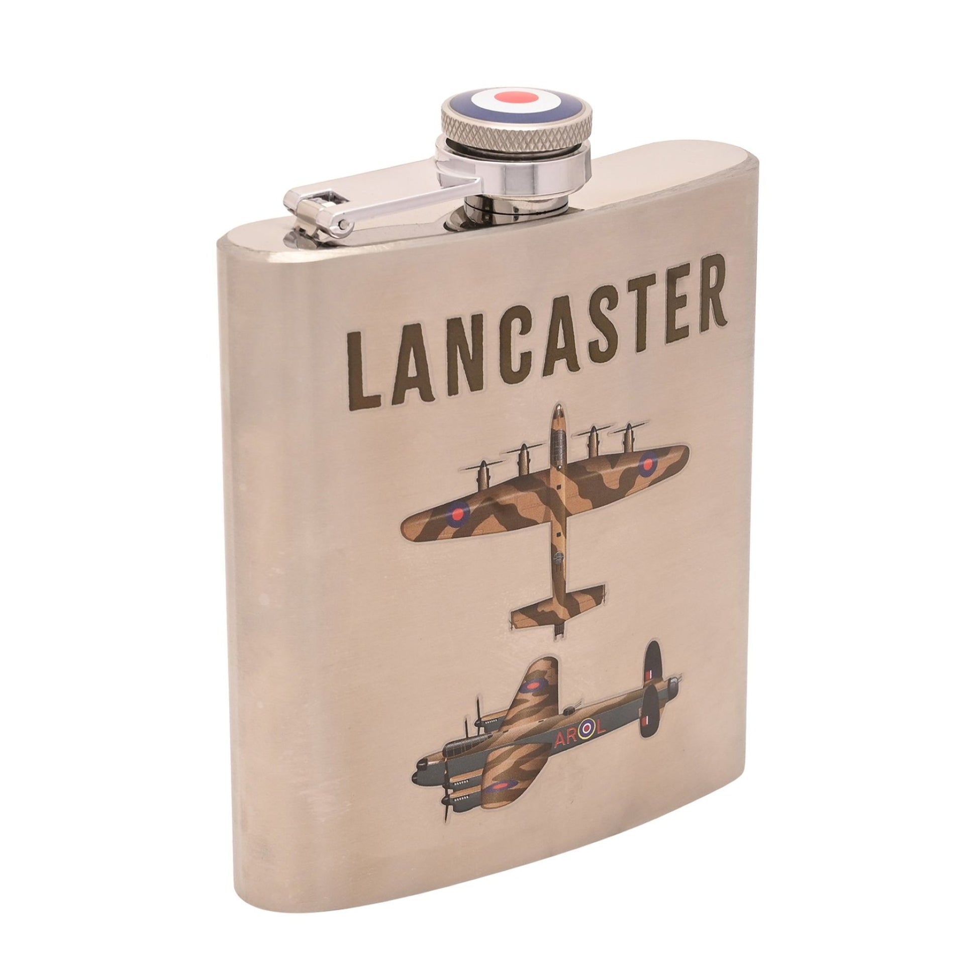 Flask with 'Lancaster' text and airplane design on a beige background